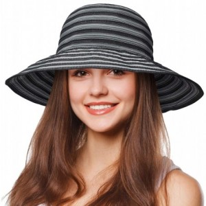 Sun Hats Womens Striped Straw Hat Floppy Beach Hats Foldable Wide Brim Sun Cap for Women - Black - CZ18D5OEIZY $25.24