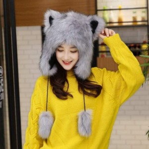 Skullies & Beanies Winter Faux Fur Hat Ear Warmer Cute Animal Hood Hat Cap for Womens Girls - Grey - CK18LL8ZXR5 $44.03