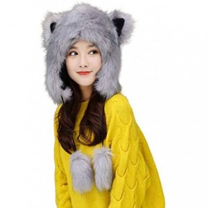 Skullies & Beanies Winter Faux Fur Hat Ear Warmer Cute Animal Hood Hat Cap for Womens Girls - Grey - CK18LL8ZXR5 $44.03