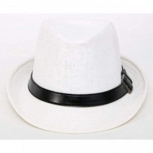Fedoras Beach Straw Fedora Hat w/Solid Hat Band for Men & Women - White Hat Black Belt - CD17Y08ROZ8 $29.65