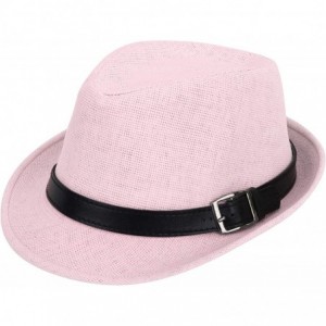 Fedoras Panama Style Trilby Fedora Straw Sun Hat with Leather Belt - Light Pink - CL11W2A2FTV $29.84
