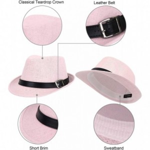 Fedoras Panama Style Trilby Fedora Straw Sun Hat with Leather Belt - Light Pink - CL11W2A2FTV $30.64