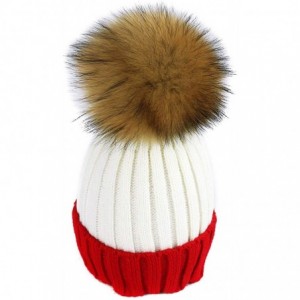 Skullies & Beanies Women Cable Knit Beanie Raccoon Fur Fuzzy Pompom Chunky Winter Stretch Skull Cap Cuff Hat - 35white&red - ...