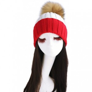 Skullies & Beanies Women Cable Knit Beanie Raccoon Fur Fuzzy Pompom Chunky Winter Stretch Skull Cap Cuff Hat - 35white&red - ...
