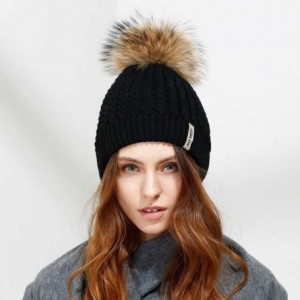 Skullies & Beanies Crochet Knit Fur Hat with Real Large Fur Pompom Beanie Hats Winter Ski Cap - Black - CJ1832EG3EA $34.00