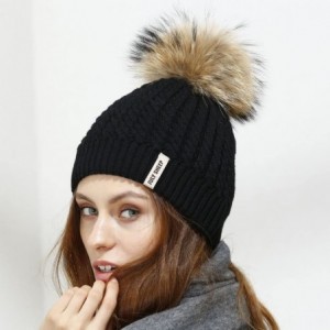 Skullies & Beanies Crochet Knit Fur Hat with Real Large Fur Pompom Beanie Hats Winter Ski Cap - Black - CJ1832EG3EA $34.00