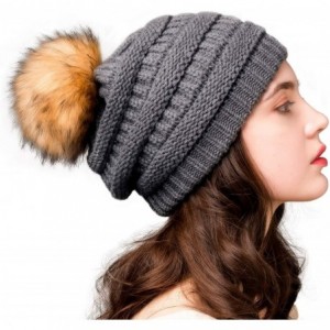 Skullies & Beanies Womens Winter Knit Slouchy Beanie Hat Warm Skull Ski Cap Faux Fur Pom Pom Hats for Women - CS185XOUZAN $24.20