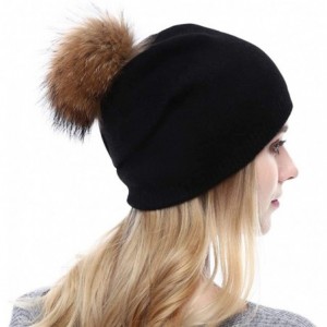 Skullies & Beanies Women Knit Wool Beanie - Winter Solid Cashmere Ski Hats Real Raccoon Fur Pom Pom - 03- Black - CX185TET3YU...