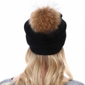 Skullies & Beanies Women Knit Wool Beanie - Winter Solid Cashmere Ski Hats Real Raccoon Fur Pom Pom - 03- Black - CX185TET3YU...