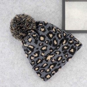 Skullies & Beanies Women Girls Fashion Winter Beanie hat with Leopard Pattern and Fur Pom - Gray - Leopard Pom - C318AWD3I33 ...