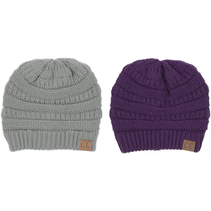 Skullies & Beanies Warm Soft Cable Knit Skull Cap Slouchy Beanie Winter Hat (2pcs Set Natural Grey/Purple) - C412OBPXPMT $31.17