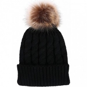 Skullies & Beanies Women's Winter Soft Chunky Cable Knit Pom Pom Beanie Hats Skull Ski Cap - Black - CN188AO4SUK $28.17