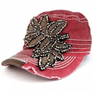 Baseball Caps Women's Fancy Cubic Stone Leaf Embroidered Flat Top Style Flat Top Army Cap - Burgundy - CE1853R745K $29.02