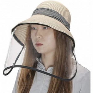 Bucket Hats Packable UPF Straw Sunhat Women Summer Beach Wide Brim Fedora Travel Hat 54-59CM - 00758_beige(with Face Shield) ...