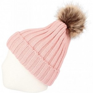 Skullies & Beanies Fleece Ribbed Knit Pom Beanie Winter Hat Slouchy Cap CZP0011 - Pink - CB18KIWLLQW $22.79