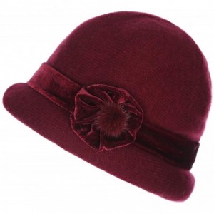 Skullies & Beanies Women's Gatsby 1920s Winter 100% Rabbit Cap Beret Beanie Cloche Bucket Hat - Wine Red - CI18L6WK79G $30.53