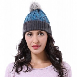 Skullies & Beanies Cable Knit Beanie Warm Faux Fuzzy Fur Pom Pom Skull Ski Cap for Men- Women - Blue - CQ18L6CKYNA $18.82