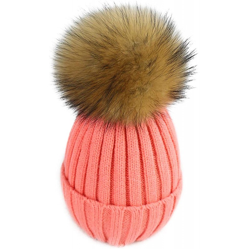 Skullies & Beanies Women Cable Knit Beanie Raccoon Fur Fuzzy Pompom Chunky Winter Stretch Skull Cap Cuff Hat - 13coral - C718...
