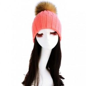 Skullies & Beanies Women Cable Knit Beanie Raccoon Fur Fuzzy Pompom Chunky Winter Stretch Skull Cap Cuff Hat - 13coral - C718...