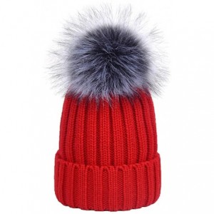 Skullies & Beanies Winter Knit Hat Kids Real Fur Pom Pom Warm Beanie Hat - Red (Real Silver Fox Fur) - C518Y2CHEKY $43.92