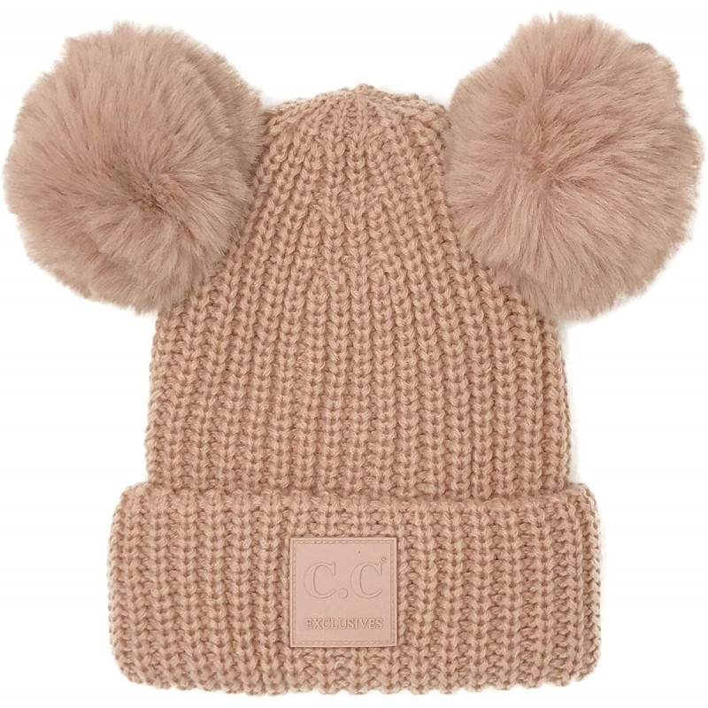 Skullies & Beanies Winter Cute 2Pom Pom Ears 2tone Soft Warm Thick Chunky Knit Beanie Hat - Solid Rose W/ Fur - CG18YTK7XMM $...