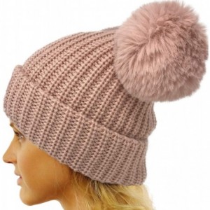 Skullies & Beanies Winter Cute 2Pom Pom Ears 2tone Soft Warm Thick Chunky Knit Beanie Hat - Solid Rose W/ Fur - CG18YTK7XMM $...