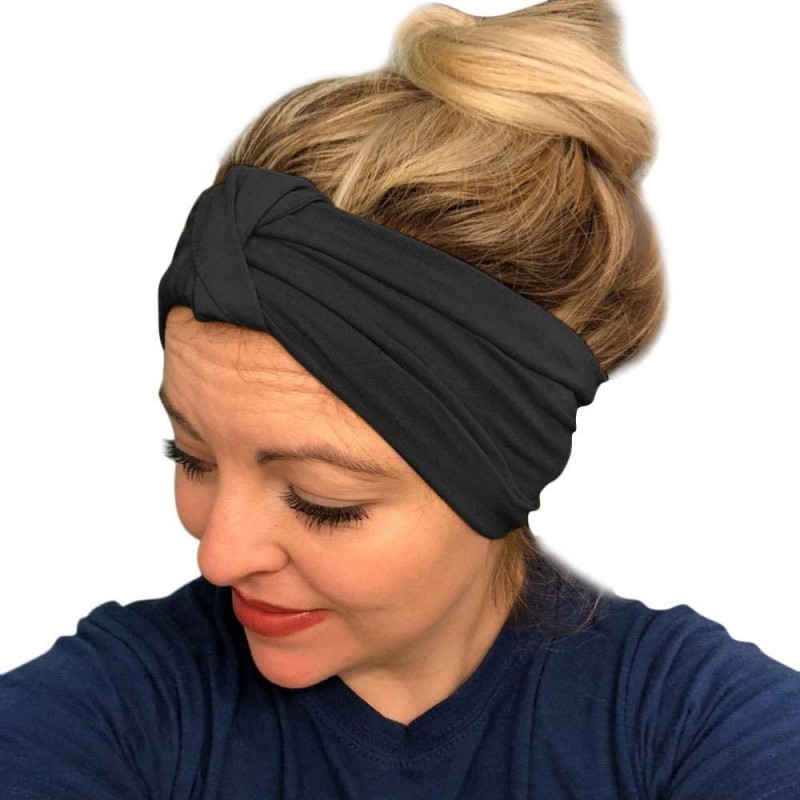 Headbands Women Stretch Headbands Solid Wide Hair Wrap Accessories Knot Headband - Black - CQ18NDE85AL $20.05