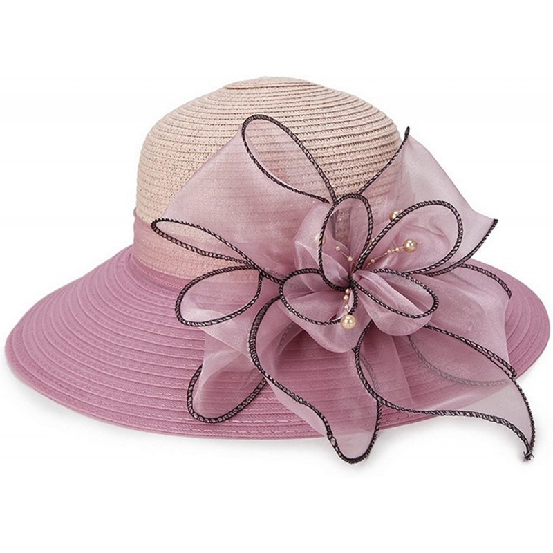 Sun Hats Women Large Brim Bucket Summer Straw Sun Hat Boonie Cap W/Flower Band - Pink - CL18DYTXQSO $21.62
