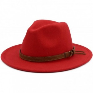 Fedoras Classic Wide Brim Women Men Fedora Hat with Belt Buckle Felt Panama Hat - Red - C718ZCIYTDM $26.76