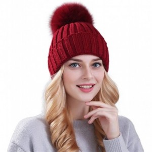 Cold Weather Headbands Winter Women's Genuine Fox Fur Pom Pom Trend Wool Knitted Beanie Hat - Rose - CY186K2TNE4 $32.21