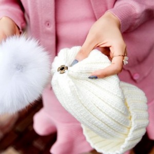 Cold Weather Headbands Winter Women's Genuine Fox Fur Pom Pom Trend Wool Knitted Beanie Hat - Rose - CY186K2TNE4 $29.46