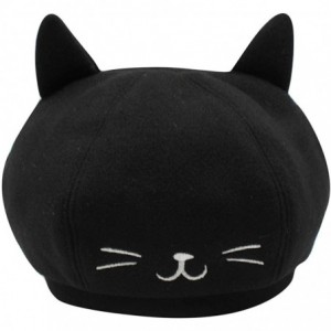 Berets Cute Cat Ear French Beret Pu Leather Casual Classic Solid Color Winter Warm Cap Beanie for Boys Girls - Black - CX18YR...