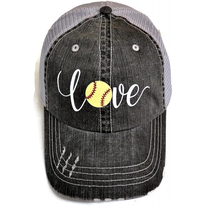 Baseball Caps White/Yellow Glitter Softball Love Distressed Look Grey Trucker Cap Hat Sports - CP18DWR5SIS $46.86