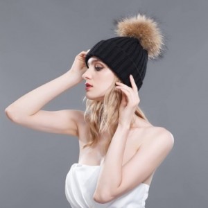 Skullies & Beanies Thermal Winter Fur Hat Fox Raccoon Fur Ball Female Knitted Hat Lovers Hat - Black & Raccoon Ball - CX11OIW...
