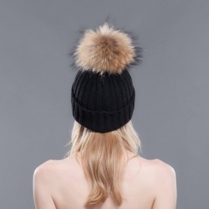 Skullies & Beanies Thermal Winter Fur Hat Fox Raccoon Fur Ball Female Knitted Hat Lovers Hat - Black & Raccoon Ball - CX11OIW...