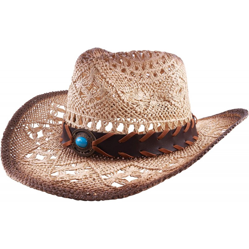 Cowboy Hats Western Outback Cowboy Hat Men's Women's Style Straw Felt Canvas - 027 Brown Bead Blue - CM18YZDNZX8 $38.90