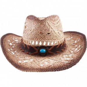 Cowboy Hats Western Outback Cowboy Hat Men's Women's Style Straw Felt Canvas - 027 Brown Bead Blue - CM18YZDNZX8 $47.31