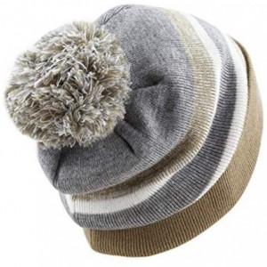 Skullies & Beanies Winter Soft Unisex Cuff Pom Pom Stripe Knit Beanie Skull Slouch Hat - Khaki-grey - CZ18IT2ETNC $21.71