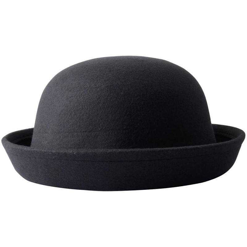 Fedoras Women's Roll-up Brim Bowler Hat Wool Felt Fedora Hat Panama Jazz Hat - Black - CY183IG2ZW4 $25.64