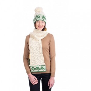 Skullies & Beanies 100% Merino Wool - Irish Shamrock Hat Aran Knit Beanie Pom Pom Style for Women - Natural - CE195NKST6C $42.49
