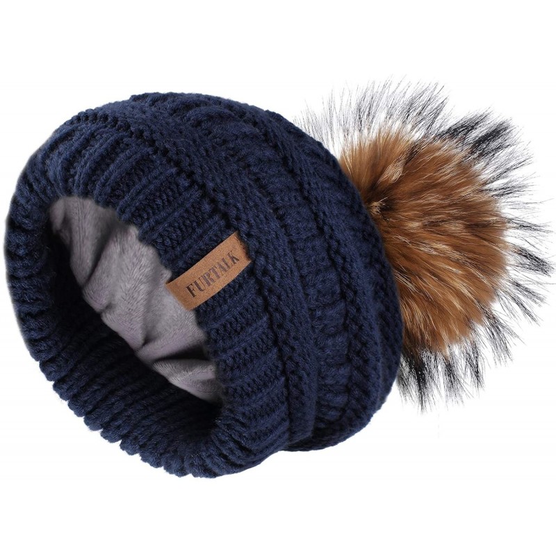 Skullies & Beanies Winter Hats Beanie for Women Lined Slouchy Knit Skiing Cap Real Fur Pom Pom Hat for Girls - CI18LWU5DWK $3...