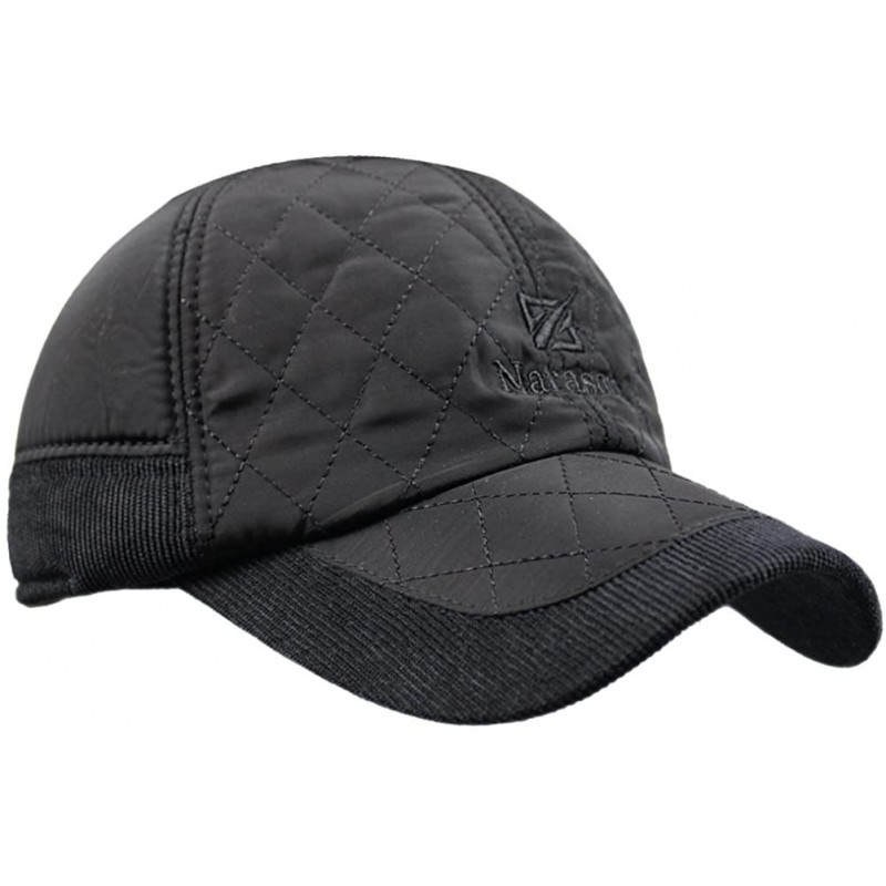 Baseball Caps Men's Warm Cotton Padded Quilting Plaid Peaked Baseball Hat Cap with Ear Flap - Black - CP125RLSK1T $21.98