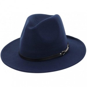 Fedoras Wide Brim Vintage Jazz Hat Women Men Belt Buckle Fedora Hat Autumn Winter Casual Elegant Straw Dress Hat - Navy a - C...