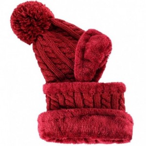 Skullies & Beanies Warm Fleece Lined Knit Hats Hood Scarf Set for Women Winter Beanie with Pom Pom - Wine Red - CC18LX5TT72 $...