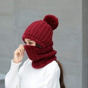 Skullies & Beanies Warm Fleece Lined Knit Hats Hood Scarf Set for Women Winter Beanie with Pom Pom - Wine Red - CC18LX5TT72 $...