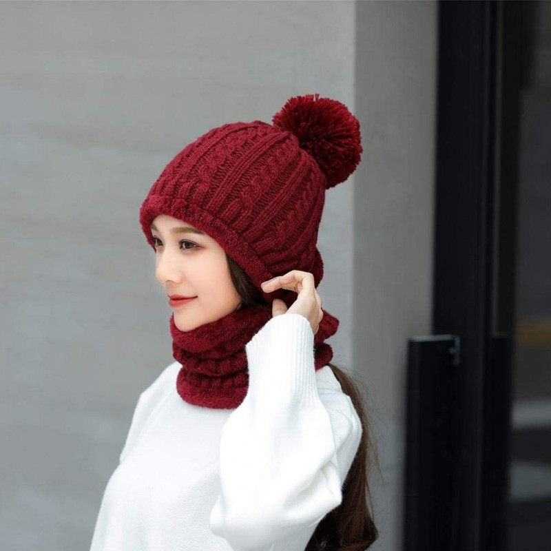 Warm Fleece Lined Knit Hats Hood Scarf Set for Women Winter Beanie with ...
