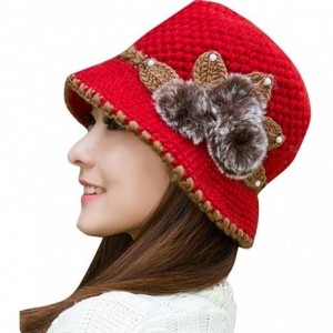 Newsboy Caps Women Color Winter Hat Crochet Knitted Flowers Decorated Ears Cap with Visor - Red - CZ18LH3GG7U $16.71