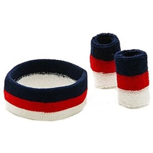 Headbands Tri Color Head and Wrist Band Set-Blue Red White - Blue - C811IV6OBB1 $19.36
