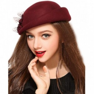 Skullies & Beanies Womens 100% Wool Veil Flower Pillbox Hat Winter Hat Crimping Beanie Hat - Wine Red - CD18775T042 $43.58