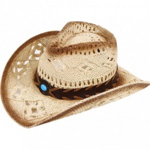 Cowboy Hats Men/Women's Western Straw Cowboy Hat - Blue Bead Emblem - CT184T3TZ5T $41.03
